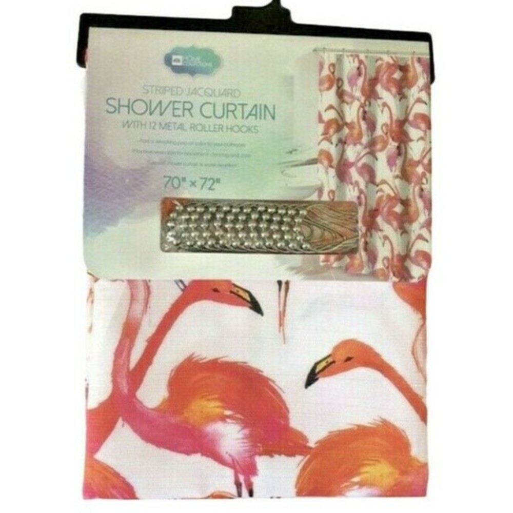 Flamingo Fabric Shower Curtain Pink White with 12 Piece Hook Set Beach Tropical